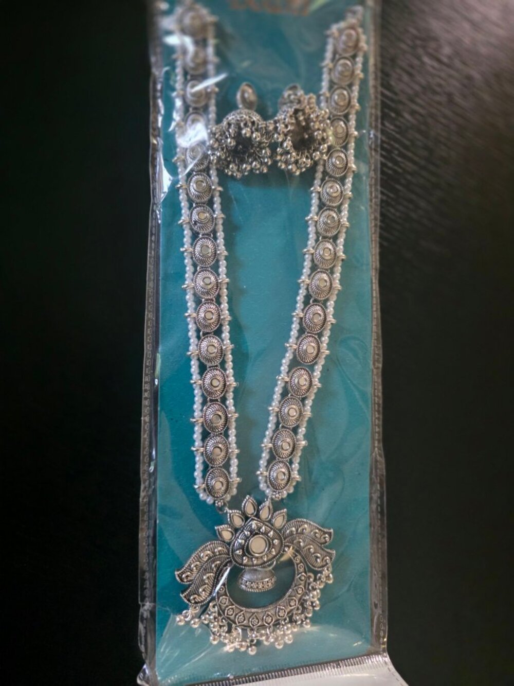 New Oxidized Silver Mirror Long Necklace Set Jhumka Multicolor Bead Indian Ethni
